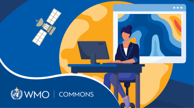 Illustration of a person at a desk using a computer, with a satellite, a weather map, and the WMO Commons logo in the background.