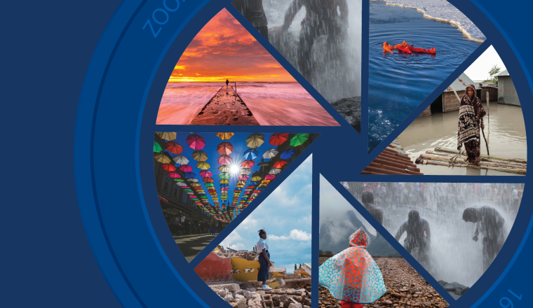 A blue circular graphic contains seven triangular photo segments showing various people in nature, urban, and flood settings, including umbrellas, sunsets, and water scenes.