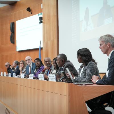 A panel of speakers sits at a long table in a conference room, participating in a formal discussion with microphones and nameplates in front of them.