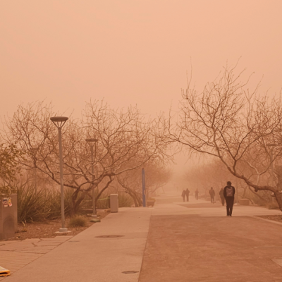 People walk along a tree-lined path under a heavy orange haze, likely caused by dust or wildfire smoke, limiting visibility and casting an unusual light over the scene.